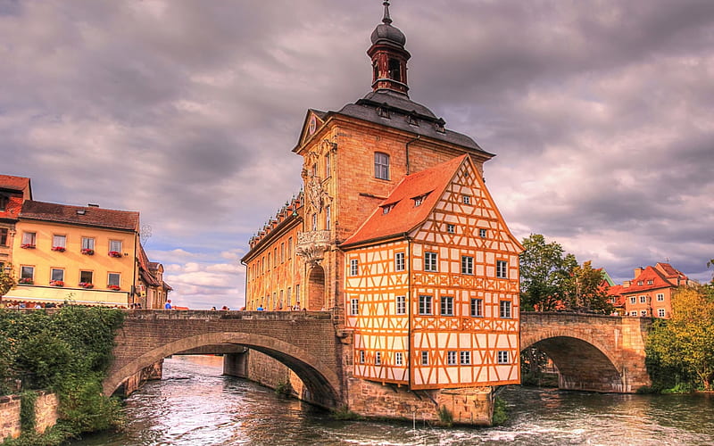 Bamberg, Old town hall, bridge, Bavaria, Germany, Altes Rathaus, HD wallpaper