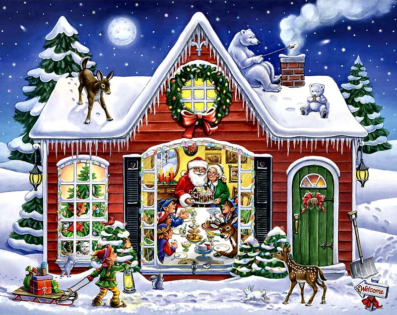 Christmas Feast, Christmas, Elves, Santa Claus, Painting, Animals, HD wallpaper