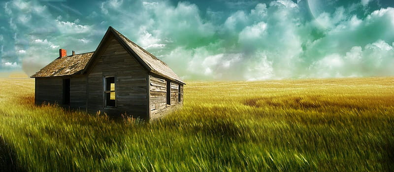 In The Middle Of Nowhere, house, green, grass, sky, blue, HD wallpaper