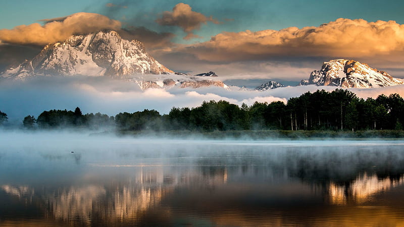 National Park, Grand Teton National Park, Cloud, Fog, Lake, Mountain, Sky, Snow, Sunset, USA, Wyoming, HD wallpaper