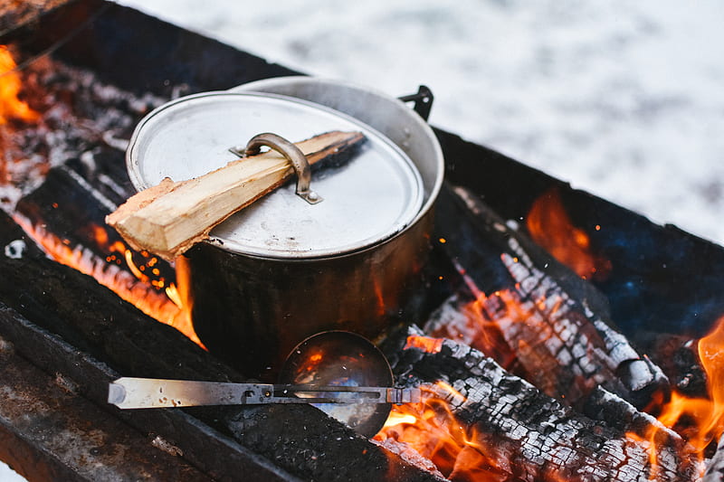 silver cook pot on firewood, HD wallpaper