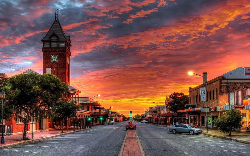 Broken Hill, Australia, tower, car, road, clouds, sky, Sunset, HD wallpaper