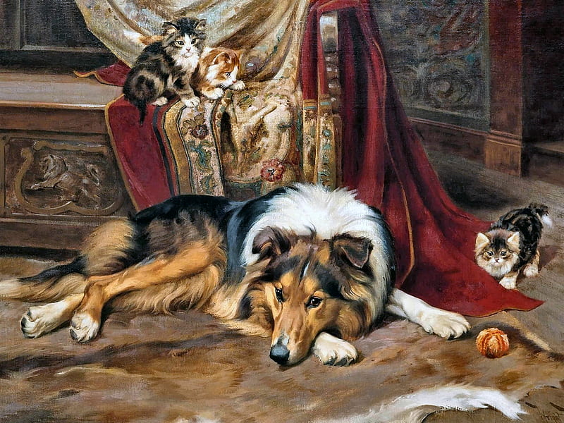 Invitation to the Game - Dog & Kittens F, art, kittens, bonito, pets, artwork, canine, animal, feline, painting, wide screen, collie, cats, dogs, HD wallpaper