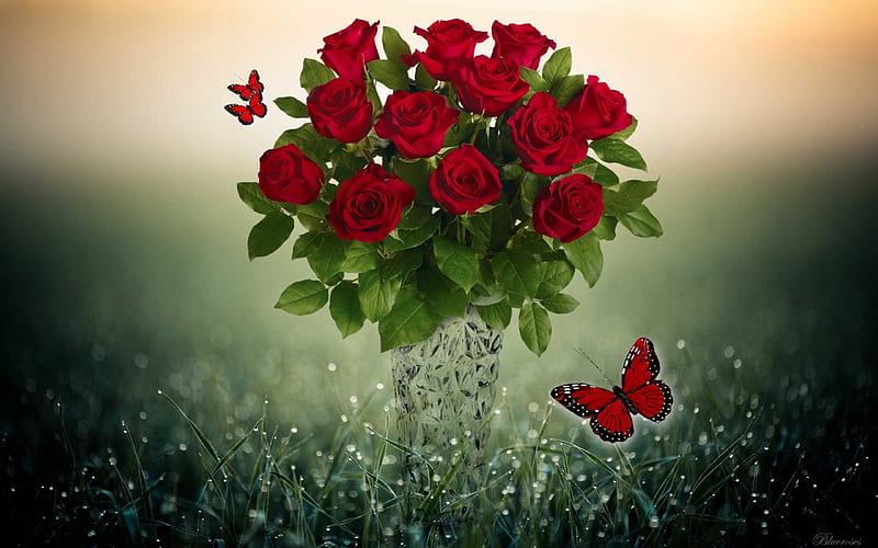 Every day can have beautiful color and scent, red, arrangements, grass, clear, vase, butterflies, roses, glass, dewdrop, bouquet, flowers, HD wallpaper