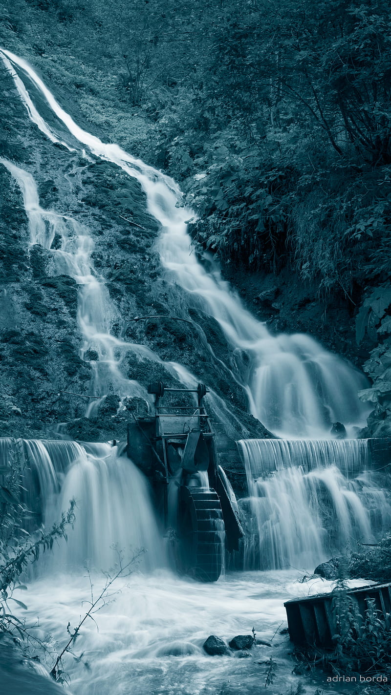 Watermill Waterfall, blue, iphone, mountain, nature, water, HD phone wallpaper