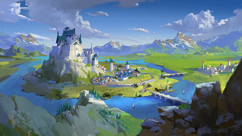 Castle, art, water, fantasy, green, pixel cat, blue, HD wallpaper