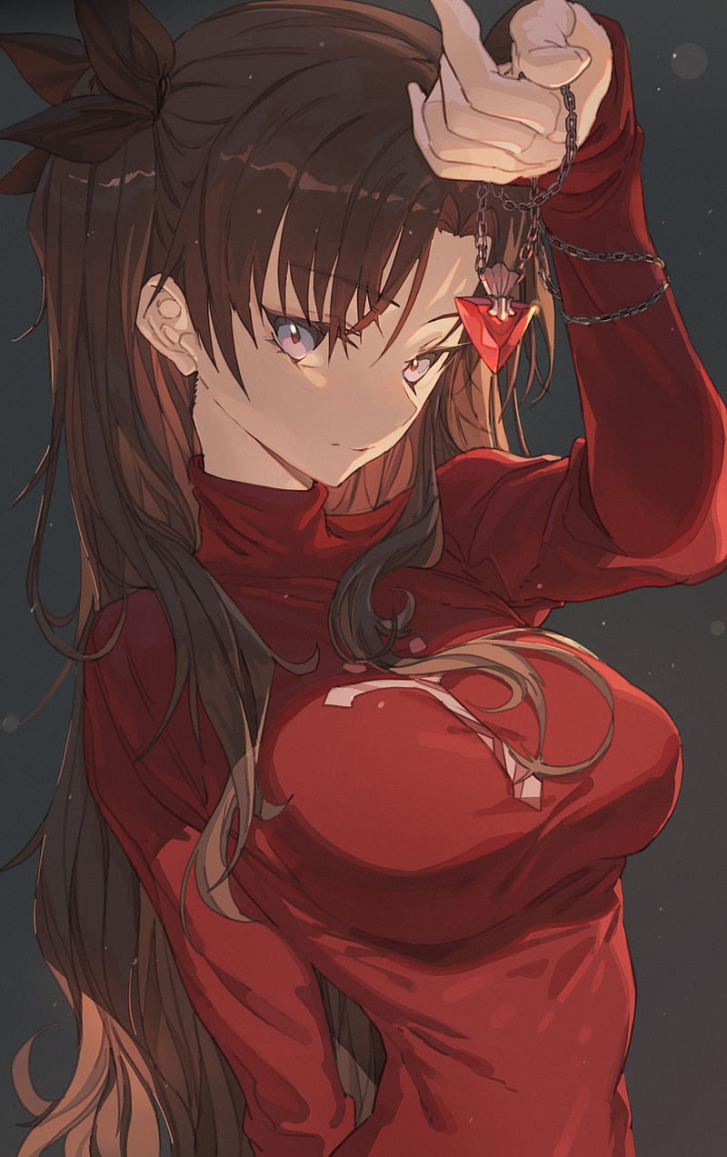 Fate Series, Fate/Stay Night, Fate/Stay Night: Unlimited Blade Works, anime girls, red sweater, long hair, curvy, jewelry, brunette, twintails, black ribbons, 2D, vertical, Tohsaka Rin, anime, fan art, Hong, HD phone wallpaper