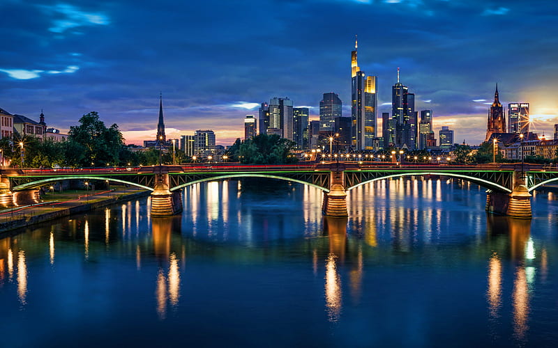 Frankfurt am Main, bridge, nightscapes, german cities, Frankfurt skyline, Germany, Europe, HD wallpaper