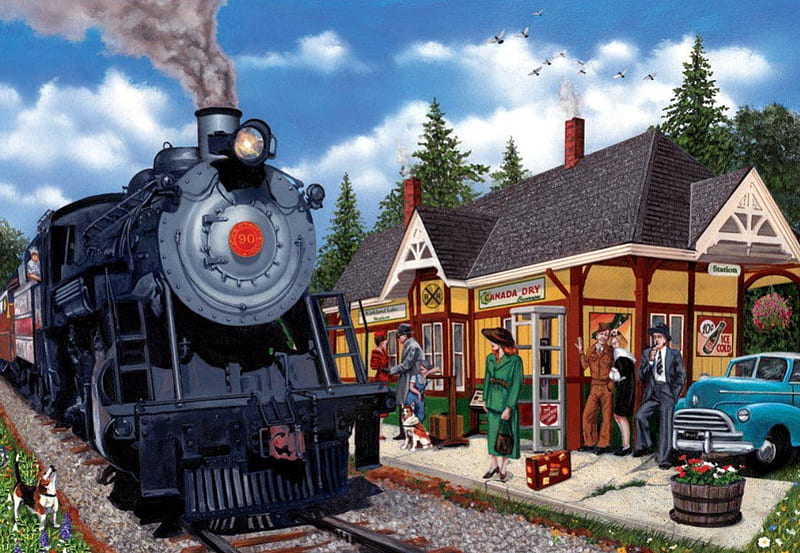 Railway Station, locomotive, people, car, painting, steam, HD wallpaper