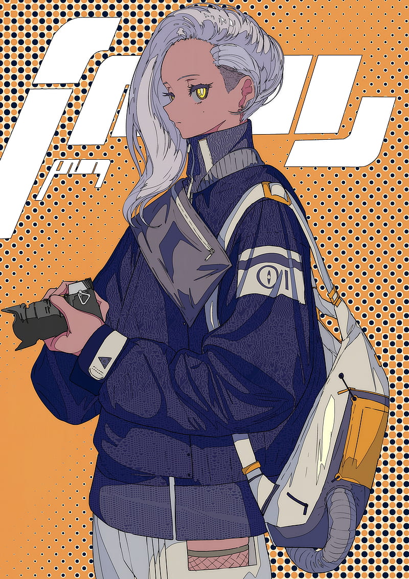 anime girl, white hair, backpack, profile view, jacket, camera, Anime, HD phone wallpaper