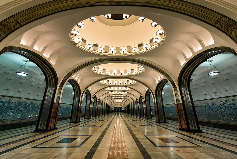 Tunnel, Russia, Underground, Subway, Columns, Train Station, Railroad, Moscow, Man Made, HD wallpaper