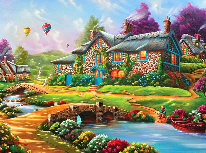 Dreamscape, cottage, bridges, artwork, boat, balloons, painting, flowers, path, garden, river, HD wallpaper