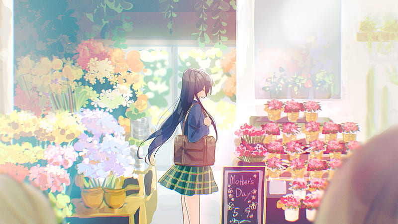 Anime, anime girls, dark hair, face, profile, yellow eyes, flowers, Shirase  Sakuya, HD phone wallpaper