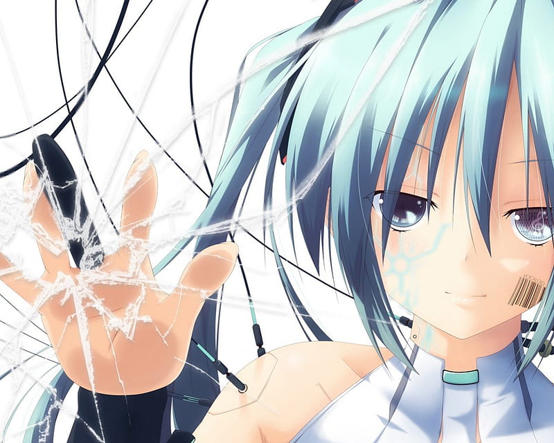 ◖♪ Music is all I Need ◖♪, vocaloid, hatsune miku, puppet, smile, wires, glass, break it, blue hair, reflaction, woke up, new, music eye, append, blue eyes, music nopte, HD wallpaper