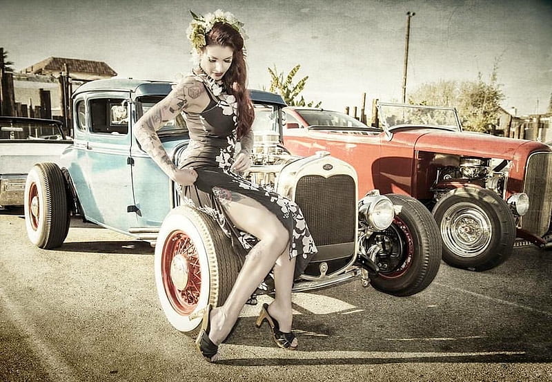 Hot Rod and Tattoo, red, carros, hot rod, girl, tattoo, lady, HD wallpaper