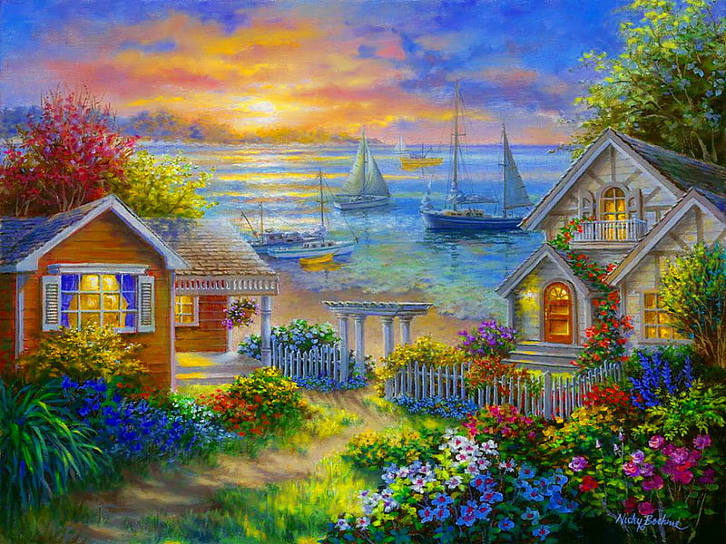 Tranquil seafront, pretty, art, cottage, houses, home, bonito, sunset, sky, sea, seafront, countryside, tranquil, serenity, painting, peaceful, village, HD wallpaper