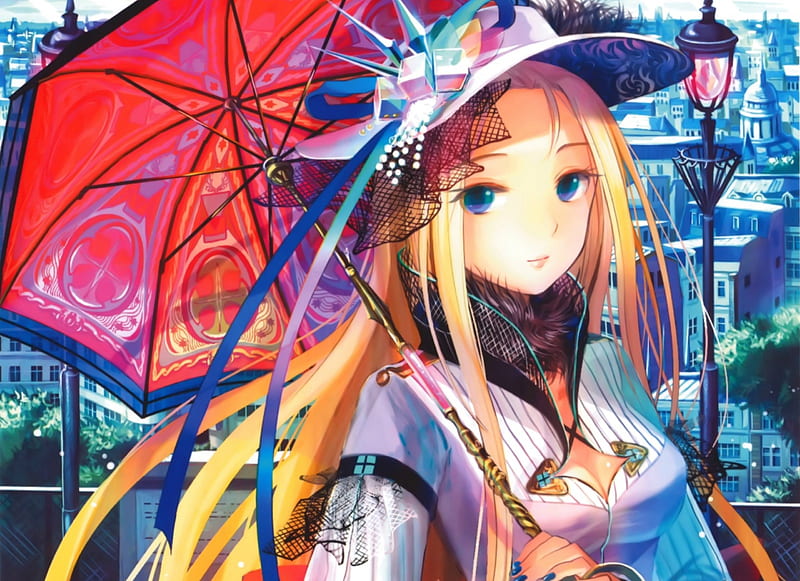 Girl with umbrella, red, fuji chocko, girl, anime, umbrella, manga, blue, HD wallpaper