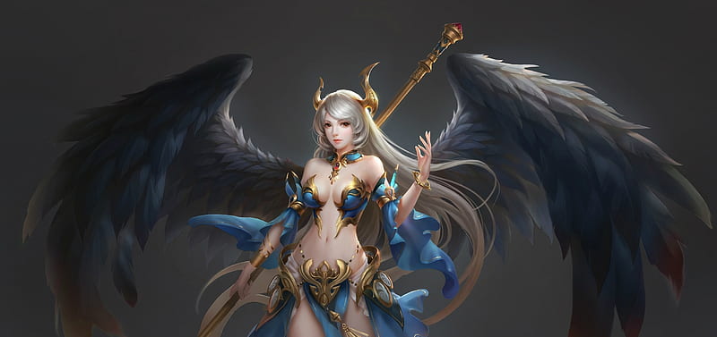 Angel or demon?, frumusete, wings, luminos, angel, game, fantasy, girl, gris, blue, HD wallpaper