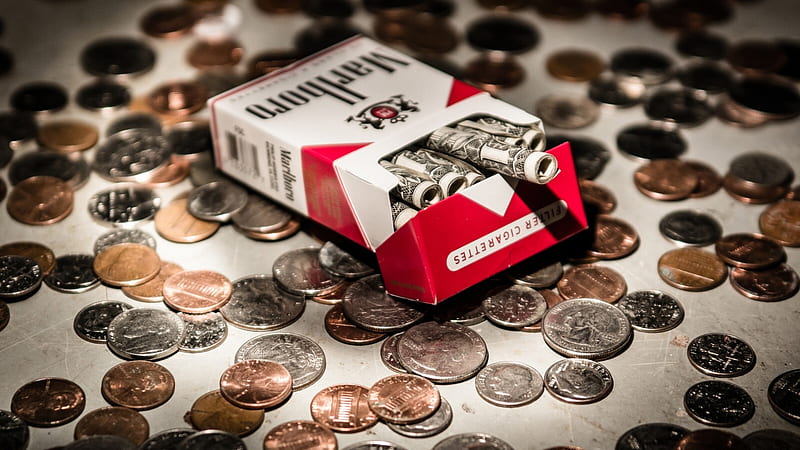 Cigarette Box With Currencies Around Coins Money, HD wallpaper