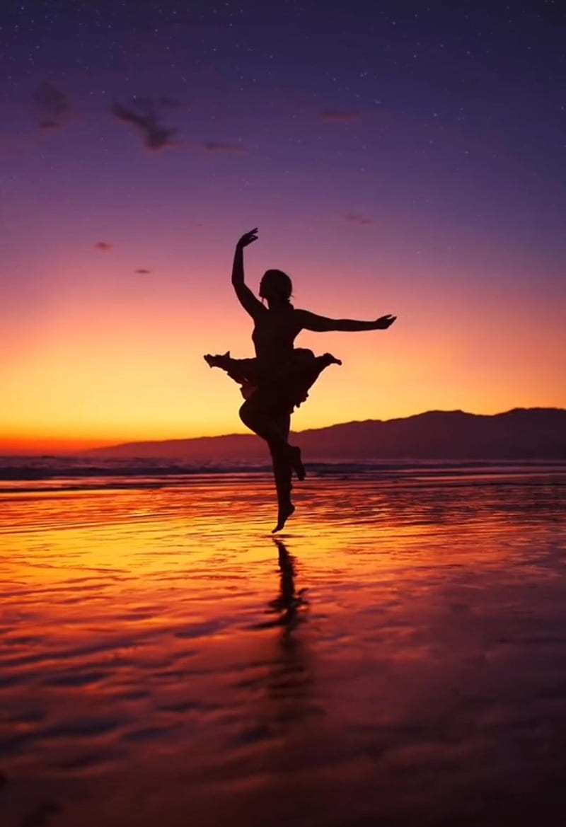 Ballerina , beach, colors, dance, dans, girl, sea, sunset, HD phone wallpaper