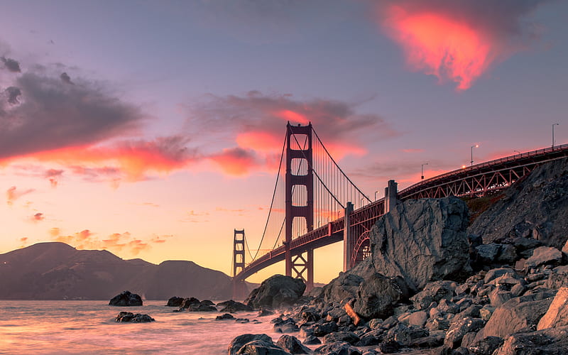 Golden Gate Bridge, San Francisco, suspension bridge, San Francisco Bay, beautiful bridge, evening, sunset, California, USA, HD wallpaper