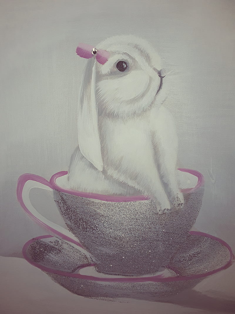 Bunny, rabbit, cute, pets, snowball, cup, glitter, HD phone wallpaper