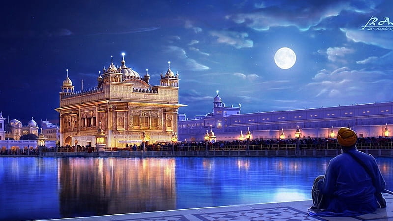 Golden Temple, India, art, golden temple, india, clouds, lights, moon,  city, HD wallpaper | Peakpx