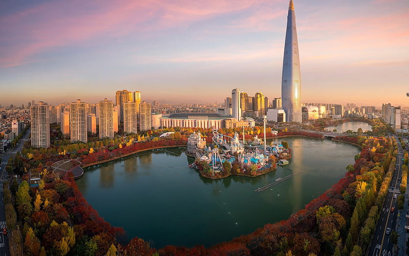 Seoul, Lotte World Tower, skyscraper, 123 floors, modern buildings, park, lake, South Korea, Lotte World, HD wallpaper