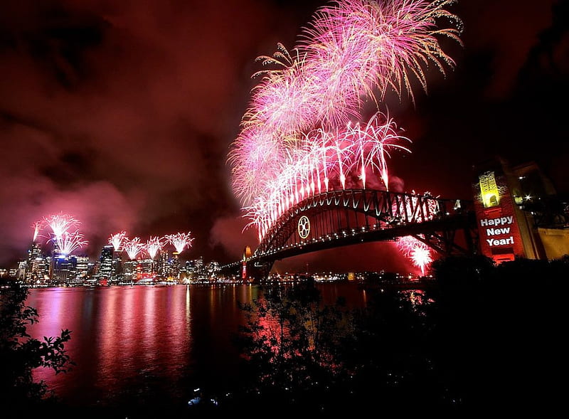 HARBOUR BRIDGE FIREWORKS, bridge, fireworks, australia, sydney, reflection, night, HD wallpaper
