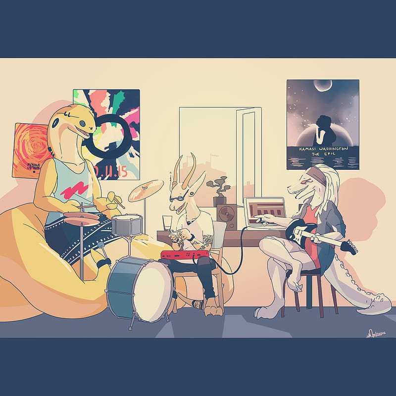 Anthro, furry, music, animals, drums, guitar, synthesizer, Flying Lotus, HD phone wallpaper