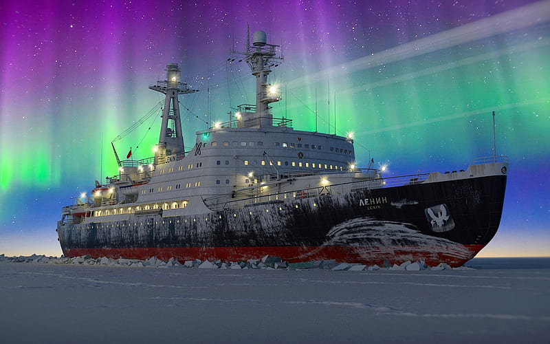 Lenin, icebreaker, night, northern lights, glaciers, atomic icebreaker, HD wallpaper