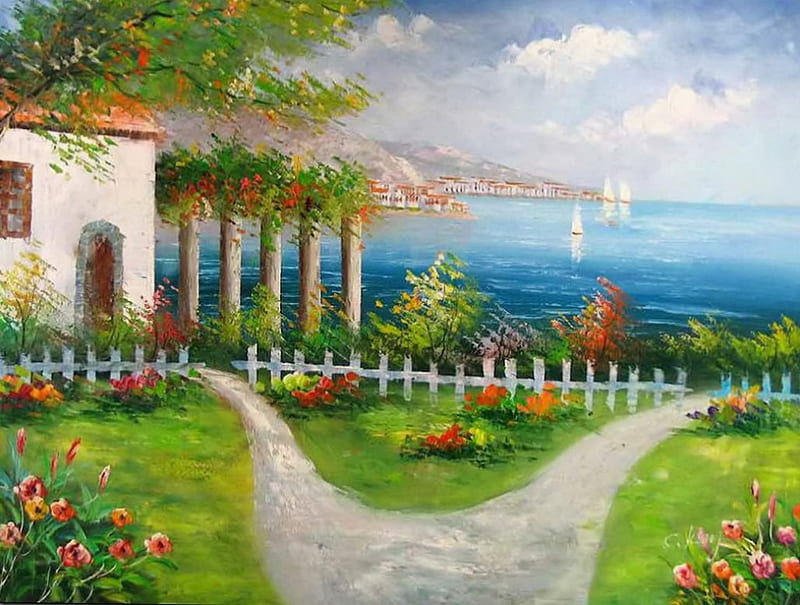Mediterranean view, pretty, house, grass, bonito, que, sea, nice, painting, blue, mediterranean, art, apth, lovely, view, sky, trees, arch, vilalge, HD wallpaper