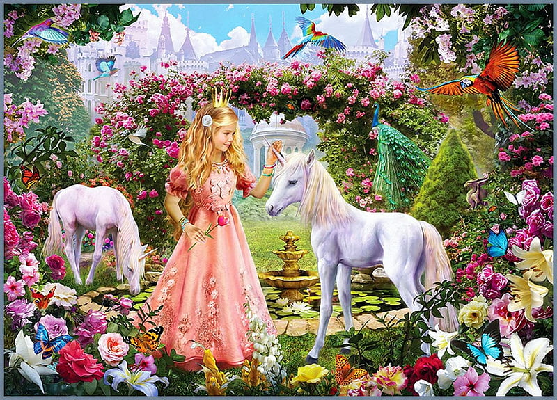 Little Princess, birds, flowers, parrots, butterflies, foal, unicorns, castle, artwork, girl, digital, HD wallpaper