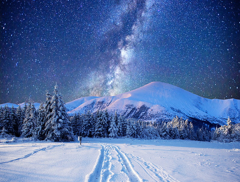 Winter Night, Landscape, Snow, Mountains, Winter, HD wallpaper