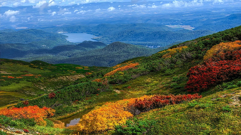 colorful mountainside panorama, lakes, mountains, slope, colors, bushes, panorama, HD wallpaper