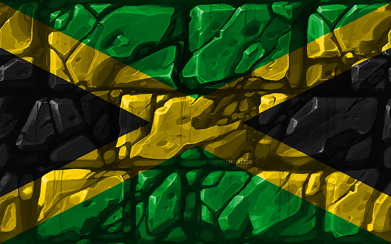 Jamaican flag, brickwall North American countries, national symbols, Flag of Jamaica, creative, Jamaica, North America, Jamaica 3D flag, HD wallpaper