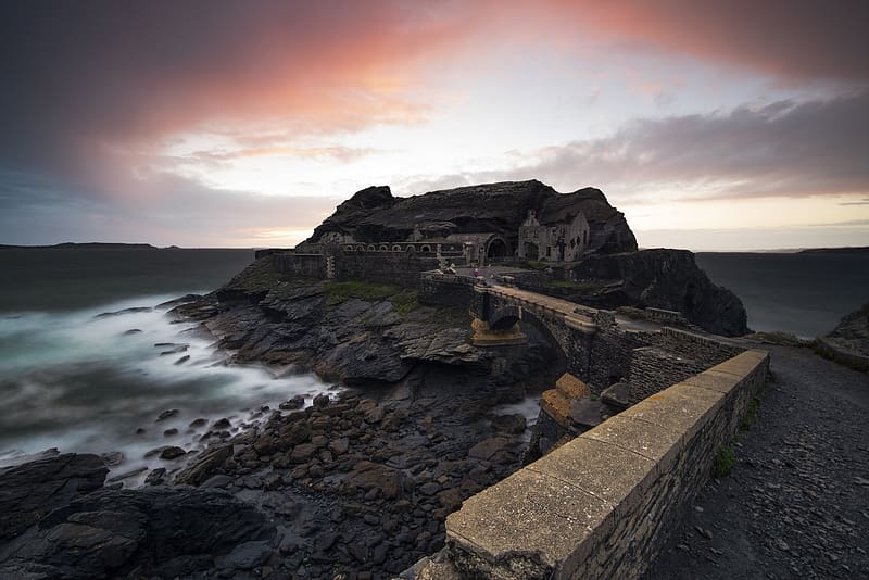 Sunset, Coast, France, Bridge, Ruin, Brittany, , Fort, Saint Malo, HD wallpaper