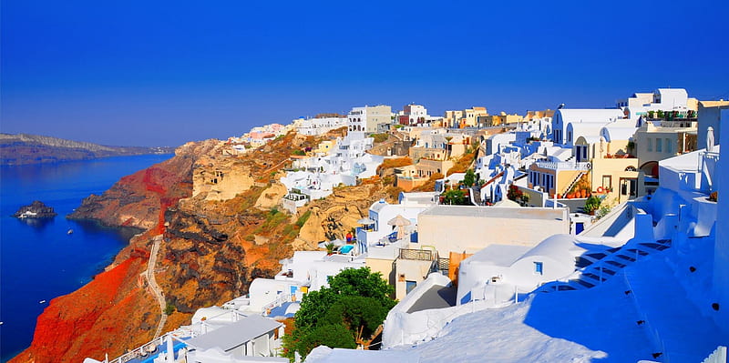 oia santorini greece, colored rock, cliff, island, town, HD wallpaper