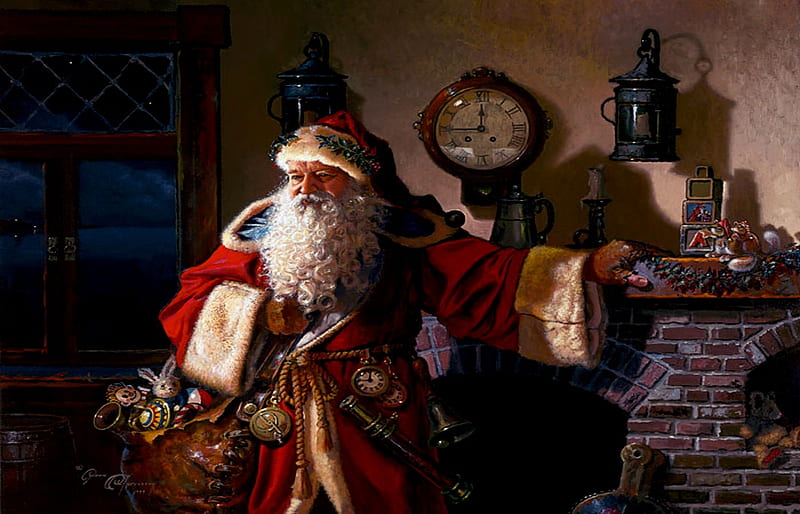 Father Christmas, Christmas, Abstrac, Santa, Clause, Fantasy, Father, Clock, HD wallpaper