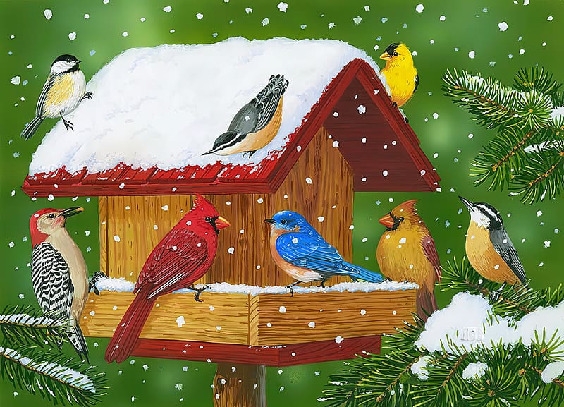 Birds at feeder in winter, feeder, birds, art, painting, snow, friends, cardinals, winter, beautiful, gathering, HD wallpaper