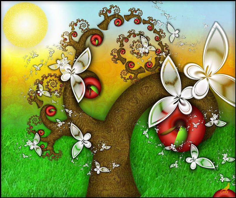 ✰Jolly with the AppleTree✰, red, pretty, colorful, sun, grass, jolly, fruits, bonito, digital art, sweet, leaves, butterfly, green, fractal art, white butterflies, butterfly designs, light, apple, wings, lovely, colors, fun, butterflies, sky, trees, cute, cool, flying, sunshine, white, HD wallpaper