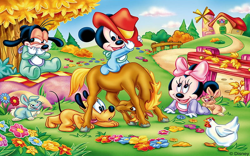Disney babies, pluto, baby, minnie, mickey mouse, disney, dog, hat, horse, cute, cowboy, HD wallpaper
