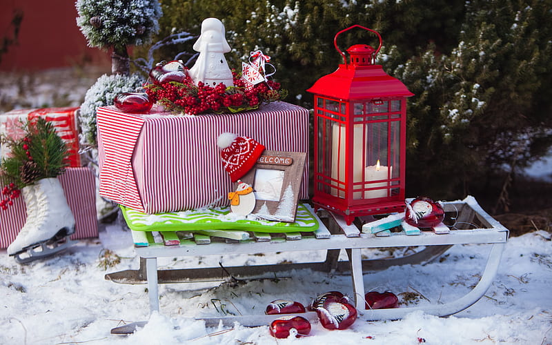 New Year, 2018, gift, red lantern, winter, snow, sleigh, Happy New Year, HD wallpaper