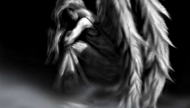 Sad Angel, emo, angel, black and white, sad, HD wallpaper