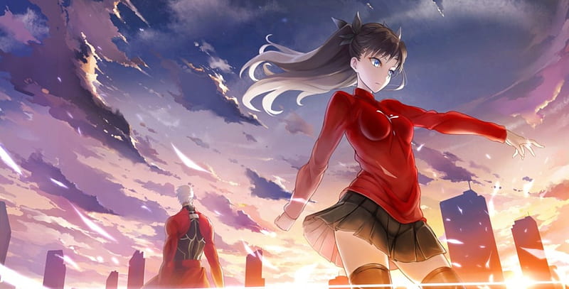 Fate Stay Night Red Anime Buildings Anime Girl Sunset Long Hair Hd Wallpaper Peakpx