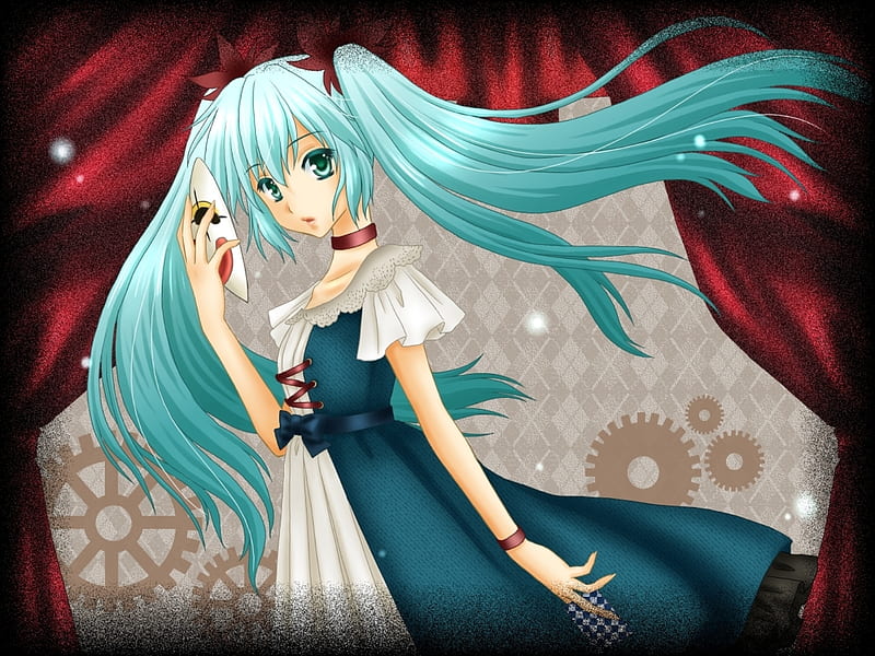 Hatsune Miku - Karakuri Pierrot, pretty, cg, karakuri pierrot, nice, anime, aqua, beauty, anime girl, vocaloids, art, twintail, black, miku, singer, aqua eyes, cute, hatsune, cool, digital, awesome, white, idol, artistic, dress, hatsune miku, bonito, program, blue, vocaloid, music, diva, song, girl, gears, virtual, aqua hair, HD wallpaper