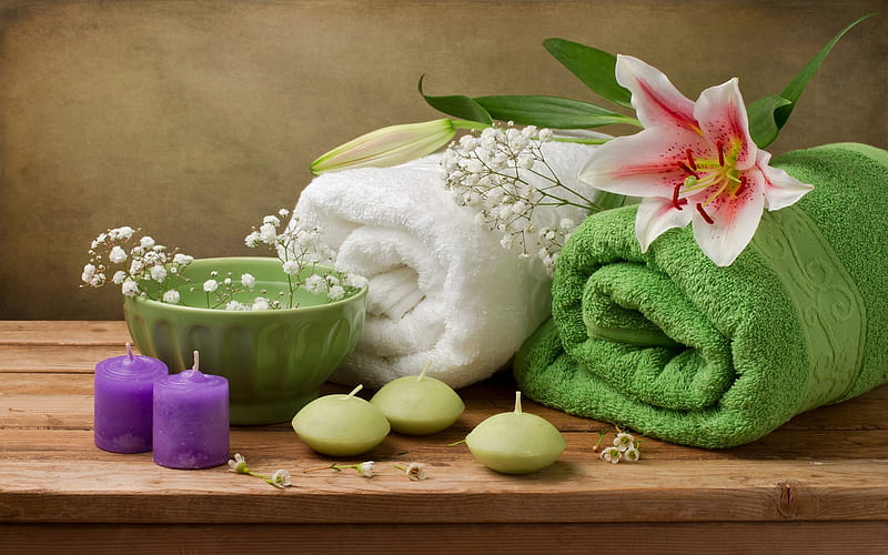 Decoration with lily flower in spa, Spa, Candles, Towels, Flower, HD wallpaper