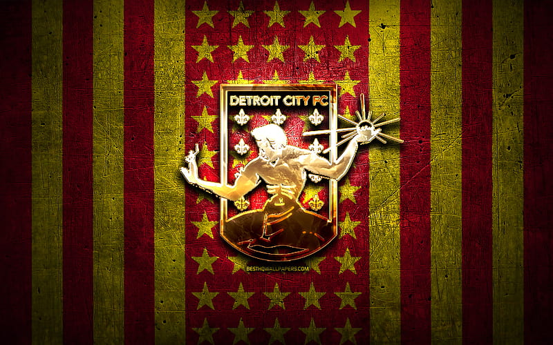 Detroit City FC flag, NISA, red yellow metal background, american soccer club, Detroit City FC logo, USA, soccer, Detroit City FC, golden logo, HD wallpaper