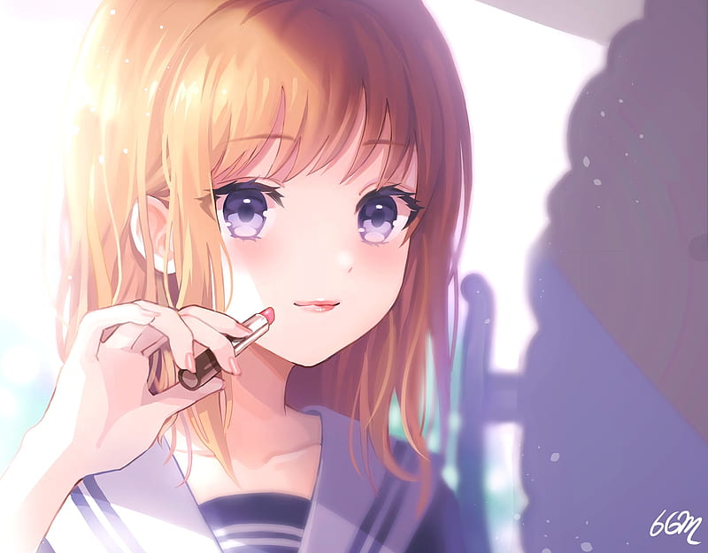 anime girl, blonde, makeup, lipstick, school uniform, seifuku, Anime, HD wallpaper