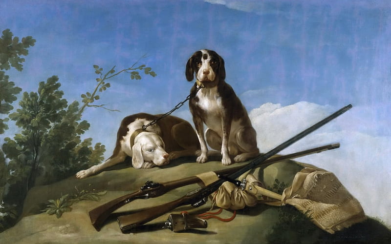 the Dog on the Leash, art, francisco de goya, animal, gun, green, painting, pictura, couple, blue, HD wallpaper